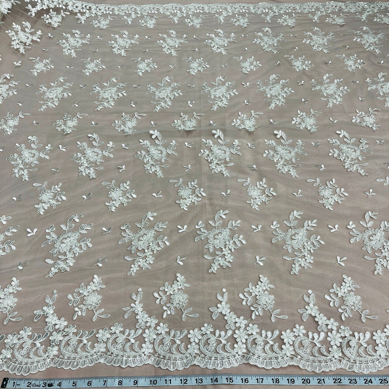 1 Yard Luxurious Beaded and Corded Bridal Lace Fabric Embroidered on 100% Polyester Net Mesh 52 inch Width